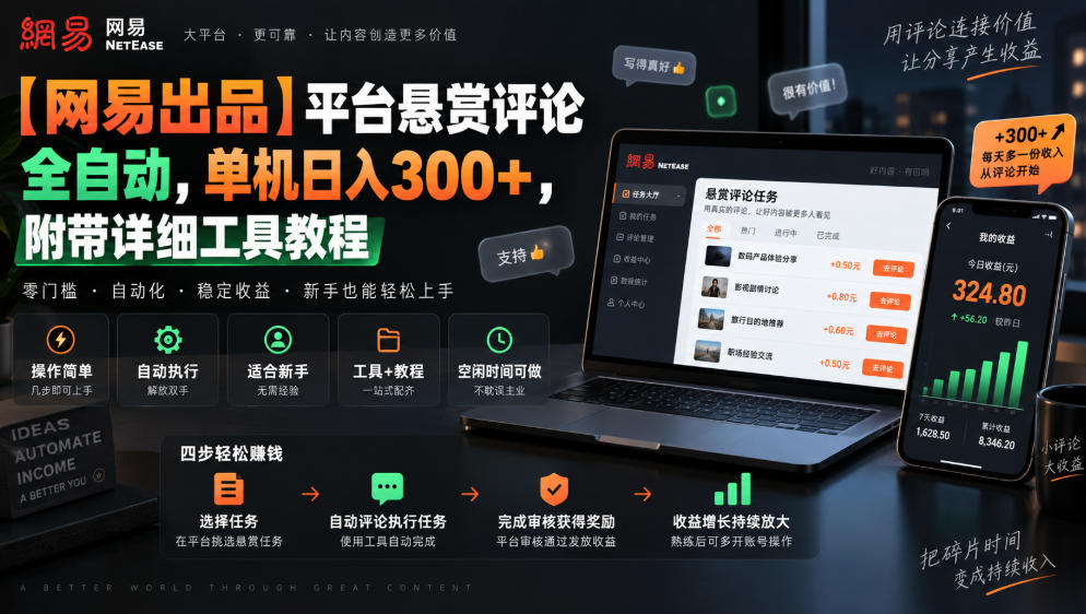 【网易出品】平台悬赏评论全自动,单机日入300+,附带详细工具教程【揭秘】-幽忧帮
