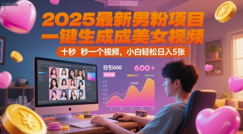 2025最新男粉项目，一键生成美女视频，日引600+色粉 十秒一个视频，小白轻松日入5张【揭秘】-幽忧帮