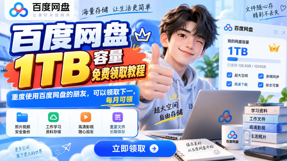 百度网盘1TB容量免费领取教程,重度使用百度网盘的朋友,可以领取下一,每月可领-幽忧帮