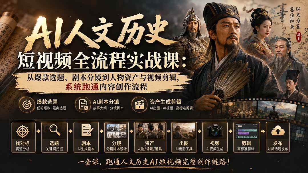 (20476期)AI人文历史短视频全流程实战课-更新:从爆款选题、剧本分镜到人物资产与视频剪辑,系统跑通内容创作流程-幽忧帮