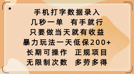 手机打字数据录入，几秒一单，有手就行，只要做当天就有收益，暴力玩法一天低保2张-忧忧资源网
