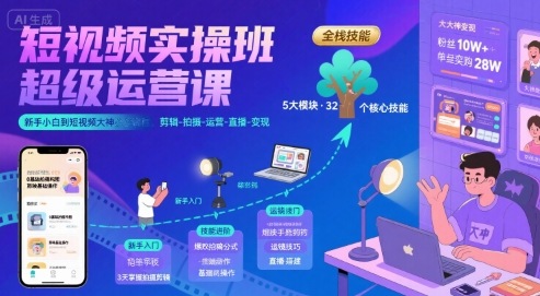 短视频实操班超级运营课，新手小白到短视频大神必修课程，剪辑-拍摄-运营-直播-变现-幽忧帮