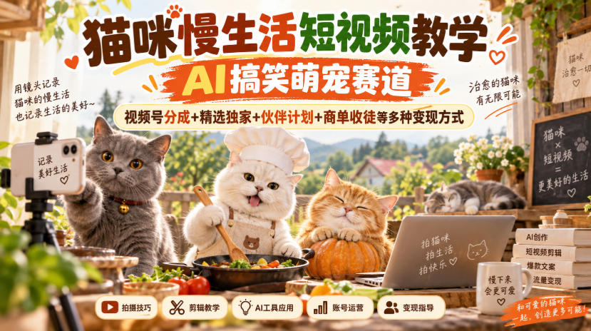 猫咪慢生活短视频教学,AI搞笑萌宠赛道,视频号分成+精选独家+伙伴计划+商单收徒等多种变现方式-幽忧帮