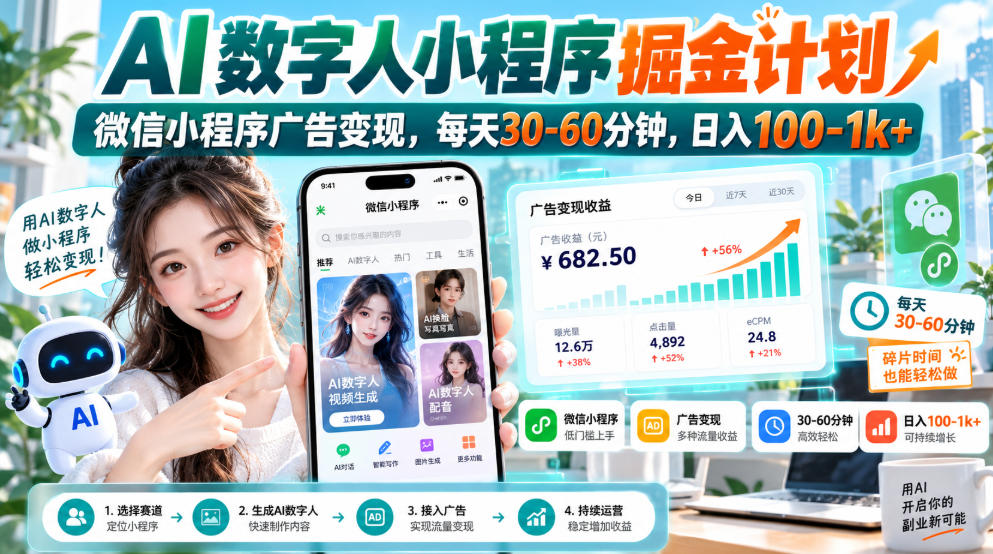 【无水印】AI数字人小程序掘金计划，微信小程序广告变现，每天30‑60分钟，日入100‑1k+-幽忧帮