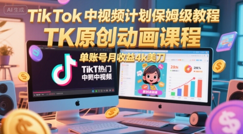 TikTok中视频计划保姆级教程，TK原创动画课程，单账号月收益4k美刀-幽忧帮