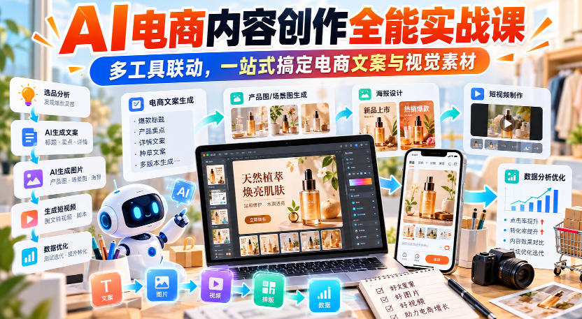 【无水印】AI电商内容创作全能实战课｜多工具联动，一站式搞定电商文案与视觉素材-幽忧帮