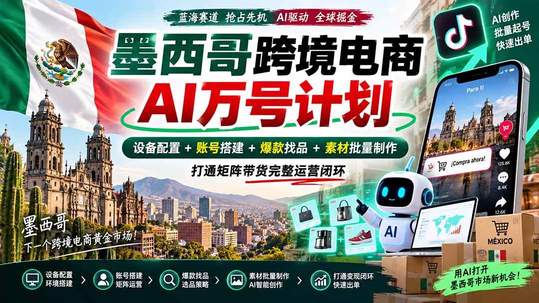 (20500期)墨西哥AI跨境电商万号计划|设备配置+账号搭建+爆款找品+素材批量制作,打通矩阵带货完整运营闭环-幽忧帮