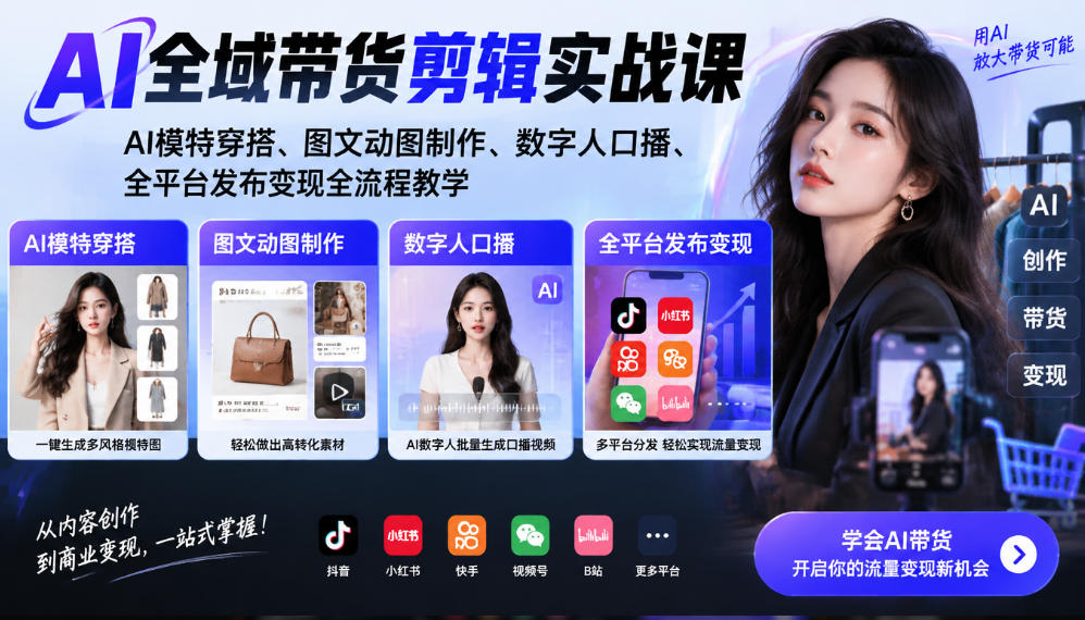 AI全域带货剪辑实战课｜AI模特穿搭、图文动图制作、数字人口播、全平台发布变现全流程教学-幽忧帮
