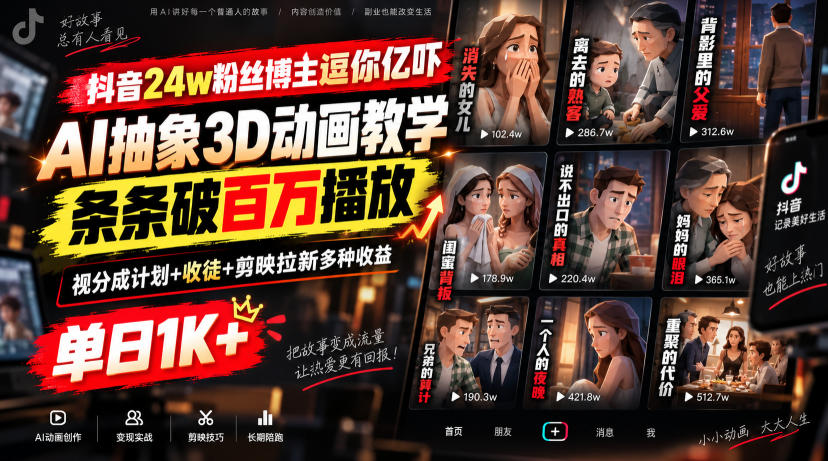 抖音24w粉丝博主逗你亿吓AI抽象3D动画教学，条条破百万播放，分成计划+收徒+剪映拉新多种收益，单日1K+-幽忧帮