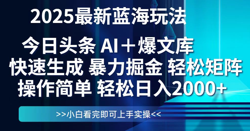 今日头条2025最新蓝海玩法，思路简单，复制粘贴，轻松实现矩阵日入2000+-忧忧资源网