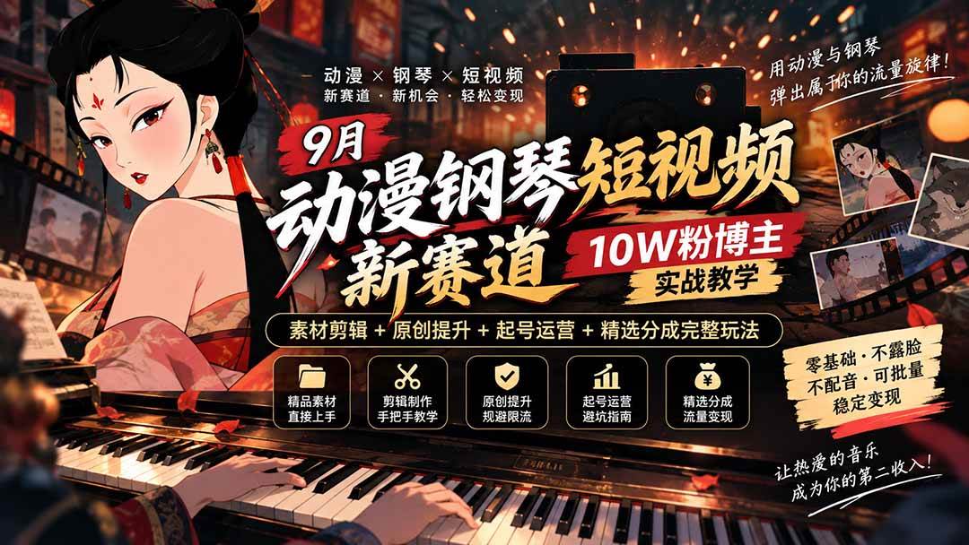 (20506期)9月动漫钢琴短视频新赛道|10W粉博主实战教学,素材剪辑+原创提升+起号运营+精选分成完整玩法-幽忧帮