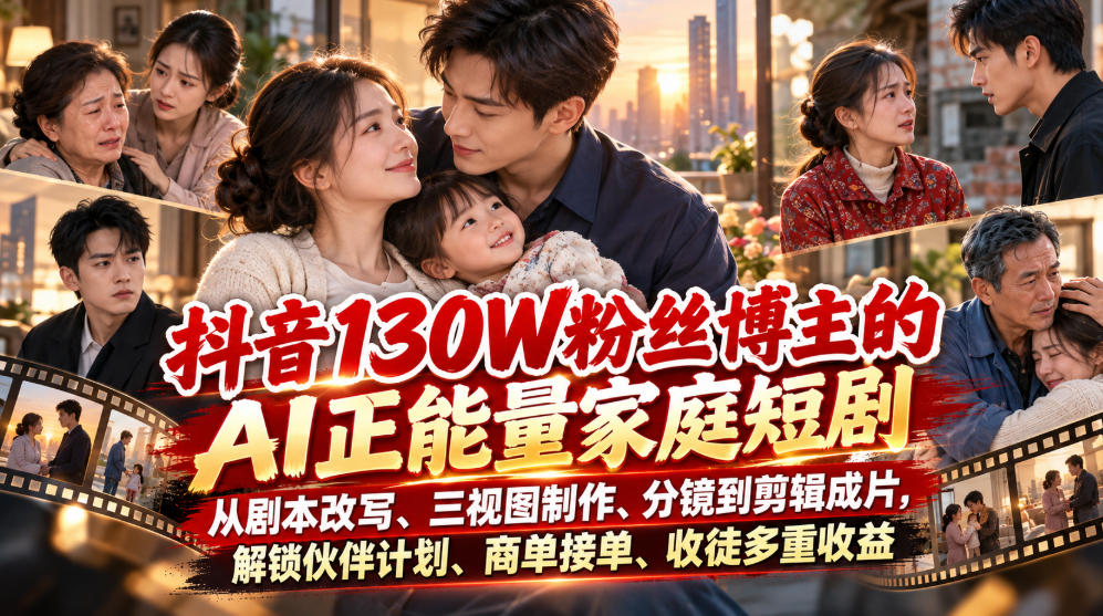 抖音130W粉丝博主的AI正能量家庭短剧，从剧本改写、三视图制作、分镜到剪辑成片，解锁伙伴计划、商单接单、收徒多重收益-幽忧帮