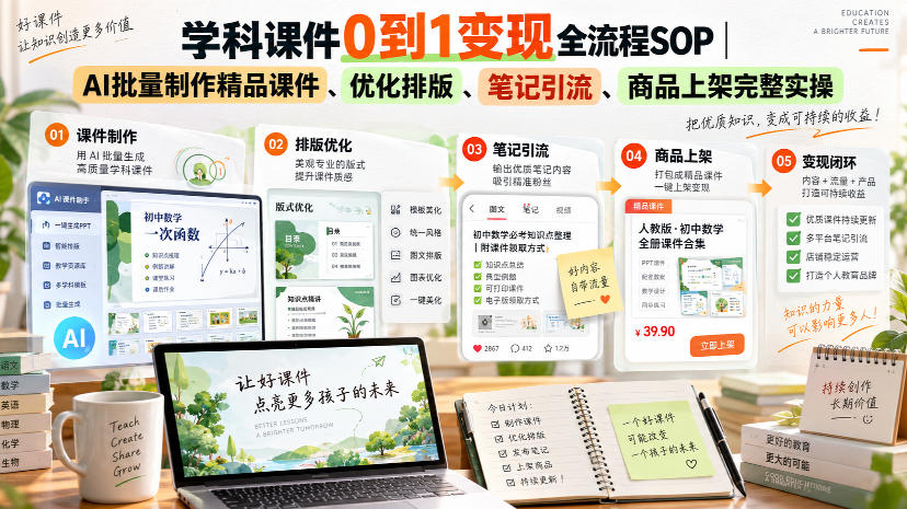学科课件0到1变现全流程SOP|AI批量制作精品课件、优化排版、笔记引流、商品上架完整实操-幽忧帮