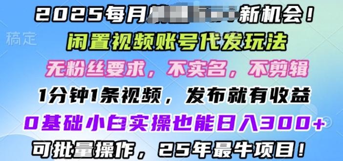 2025闲置视频账号一键代发玩法，0粉不实名不剪辑，领了视频直接发，0基础小白也能日入3张-忧忧资源网