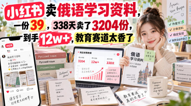 小红书卖俄语学习资料,一份39,338天卖了3204份,到手12w+,教育赛道太香了-幽忧帮