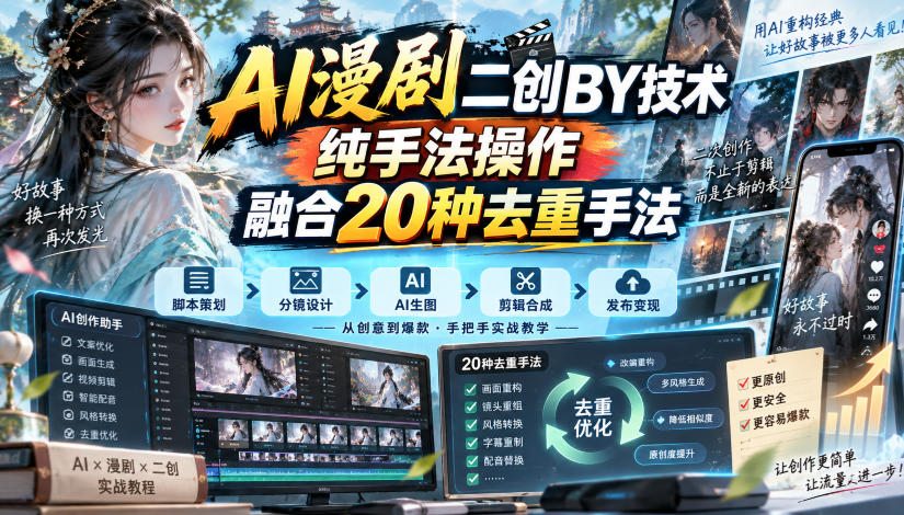 AI漫剧二创搬运技术,纯手法操作,融合20种去重手法-幽忧帮