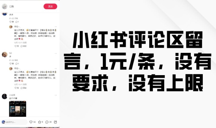 小红书评论区留言，1元条，没有要求，没有上限-忧忧资源网