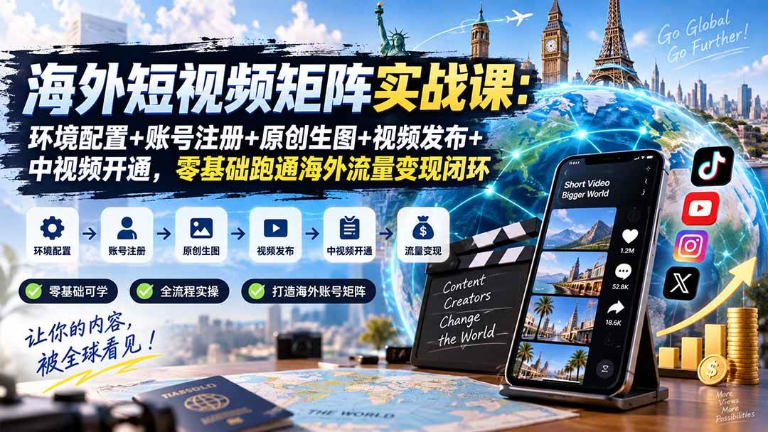 (20470期)海外短视频矩阵实战课:环境配置+账号注册+原创生图+视频发布+中视频开通,零基础跑通海外流量变现闭环-幽忧帮