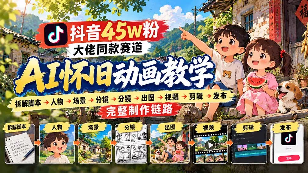 抖音45W粉大佬同款赛道AI怀旧动画教学：拆解脚本→人物→场景→分镜→出图→视频→剪辑→发布完整制作链路-幽忧帮
