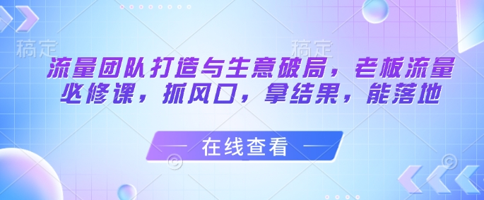 流量团队打造与生意破局，老板流量必修课，抓风口，拿结果，能落地-忧忧资源网