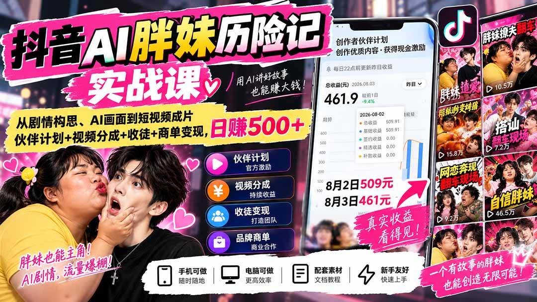 (20489期)抖音AI胖妹历险记实战课:从剧情构思、AI画面到短视频成片,伙伴计划+视频分成+收徒+商单变现,日赚500+-幽忧帮