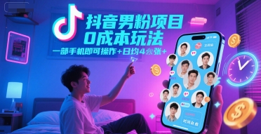 抖音男粉项目0成本玩法，一部手机即可操作，日均4张+，时间自由-幽忧帮