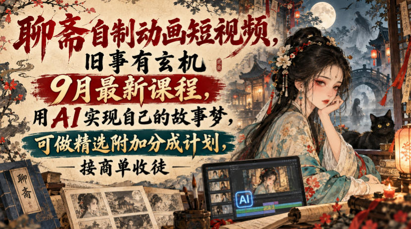 聊斋自制动画短视频，旧事有玄机9月最新课程，用AI实现自己的故事梦，可做精选附加分成计划，接商单收徒-幽忧帮