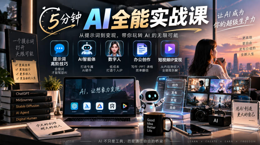 5分钟AI全能实战课|提示词高阶技巧+AI智能体+数字人+办公创作+短视频IP变现全教程-幽忧帮