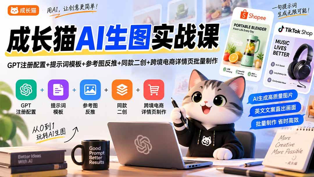 (20482期)成长猫AI生图实战课|GPT注册配置+提示词模板+参考图反推+同款二创+跨境电商详情页批量制作-幽忧帮