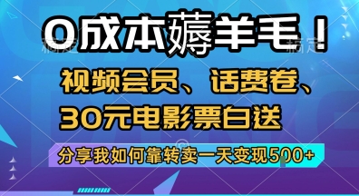 0成本薅羊毛!视频会员、话费卷、30元电影票白送，分享我如何靠转卖一天变现5张+【揭秘】-幽忧帮