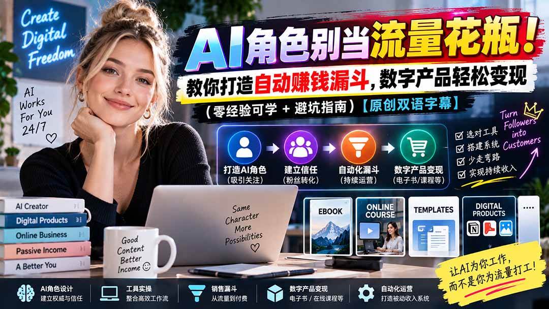 (20475期)AI角色别当流量花瓶!教你打造自动赚钱漏斗,数字产品轻松变现(零经验可学+避坑指南)【原创双语字幕】-幽忧帮