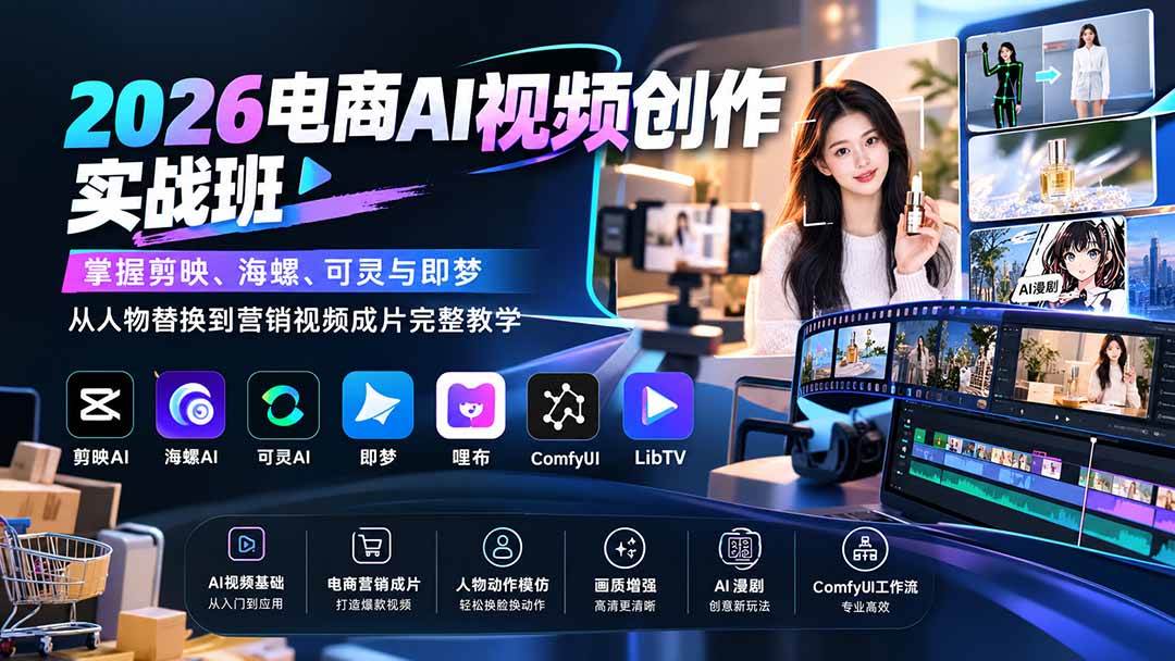 (20466期)2026电商AI视频创作实战班:掌握剪映、海螺、可灵与即梦,从人物替换到营销视频成片完整教学-幽忧帮