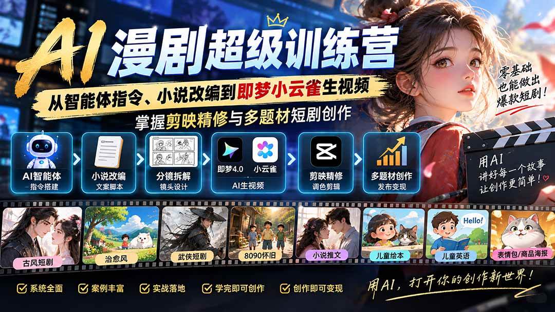(20491期)AI漫剧超级特训营:从智能体指令、小说改编到即梦小云雀生视频,掌握剪映精修与多题材短剧创作-幽忧帮