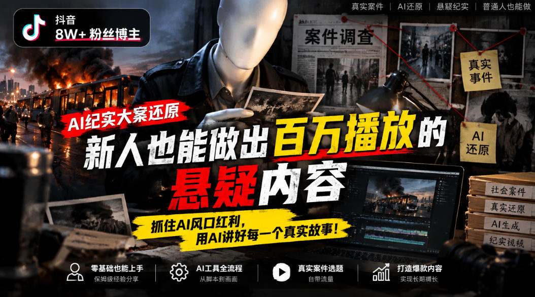 抖音8W粉丝博主的AI纪实大案还原教学，新人也能做出百W播放的悬疑内容，抓住AI风口红利，用AI讲好每一个真实故事-幽忧帮
