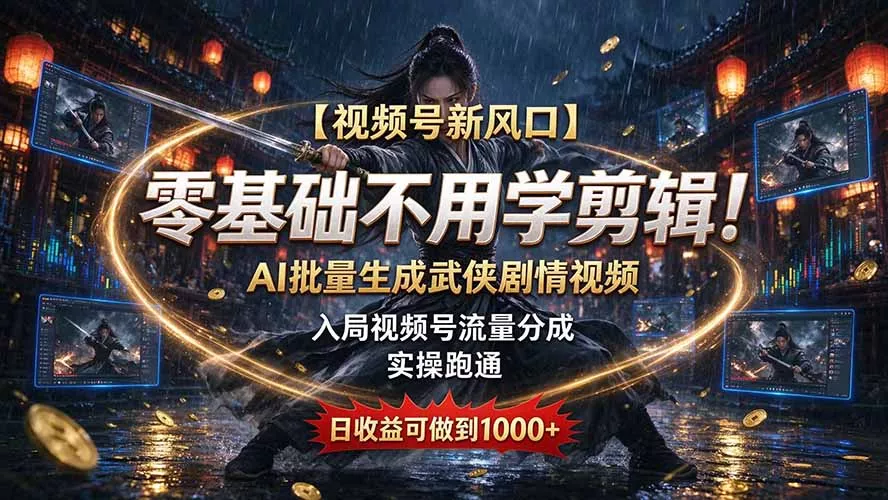 【视频号新风口】零基础不用学剪辑！AI 批量生成武侠剧情视频，入局视频号流量分成，实操跑通，日收益可做到 1000+-幽忧帮