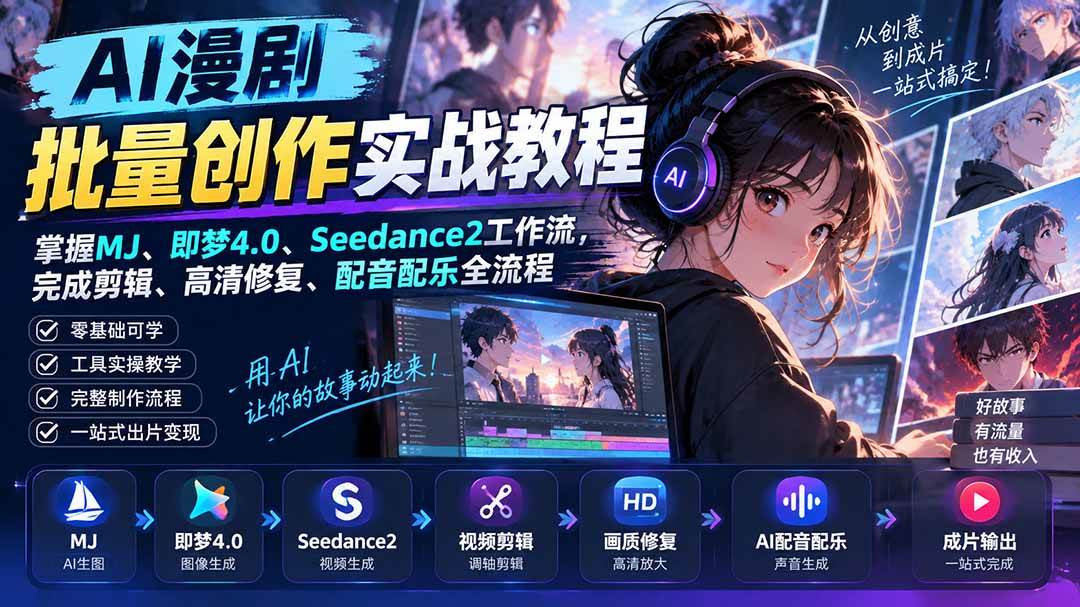 (20488期)AI漫剧批量创作实战教程:掌握MJ、即梦4.0、Seedance2工作流,完成剪辑、高清修复、配音配乐全流程-幽忧帮
