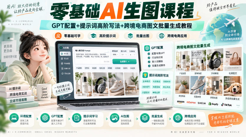 零基础AI生图课程,GPT配置+提示词高阶写法+跨境电商图文批量生成教程-幽忧帮
