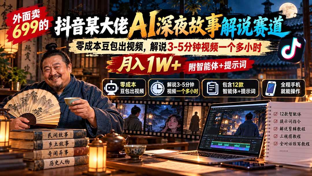 （20648期）外面卖699的抖音某大佬AI深夜故事解说赛道：零成本豆包出视频，解说3-5分钟视频一个多小时，月入1W+附智能体+提示词-幽忧帮