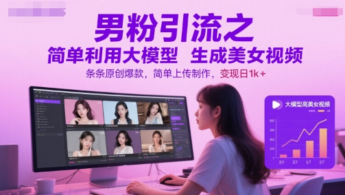男粉引流之简单利用大模型生成美女视频，条条原创爆款，简单上传制作，变现日1k+-幽忧帮