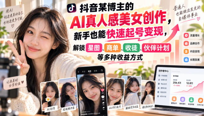 抖音某博主的AI真人感美女创作,新手也能快速起号变现,解锁星图,商单,收徒,伙伴计划等多种收益方式-幽忧帮