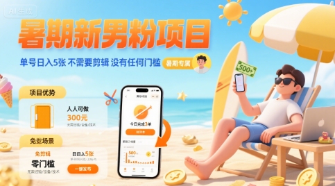 暑期新男粉项目 单号日入5张 不需要剪辑  没有任何门槛-幽忧帮