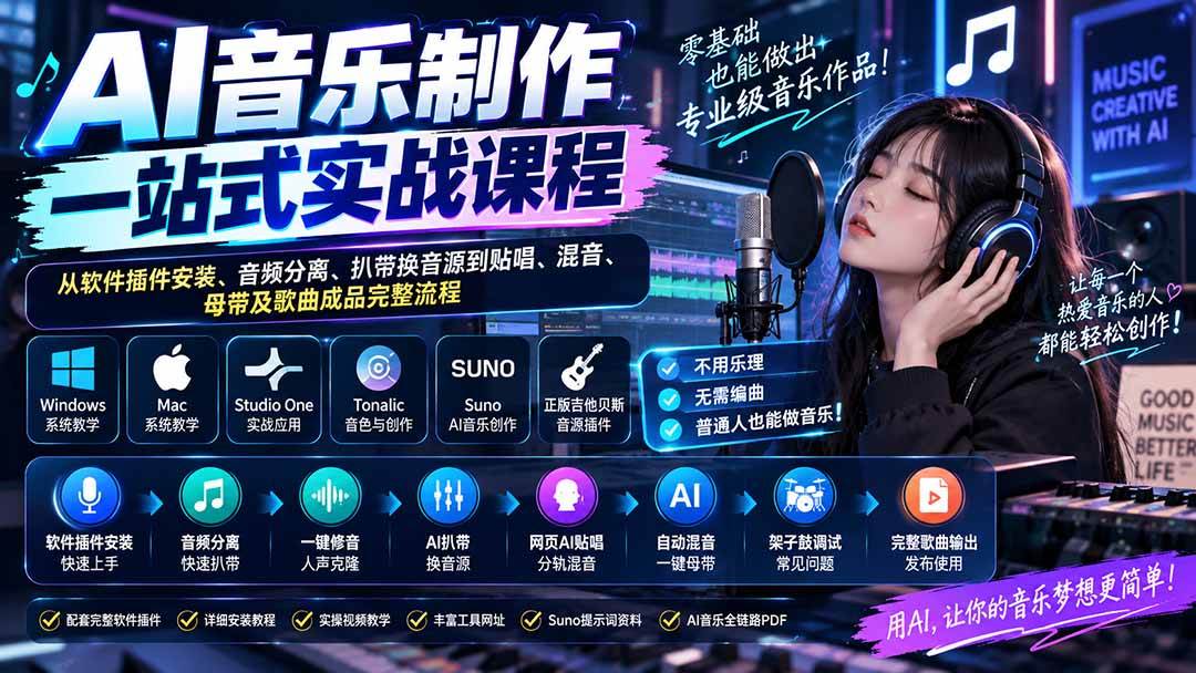 (20490期)AI音乐制作一站式实战课程:从软件插件安装、音频分离、扒带换音源到贴唱、混音、母带及歌曲成品完整流程-幽忧帮