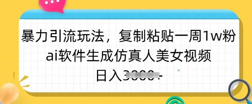 暴力引流玩法，复制粘贴一周1w粉，ai软件生成仿真人美女视频，日入多张-忧忧资源网
