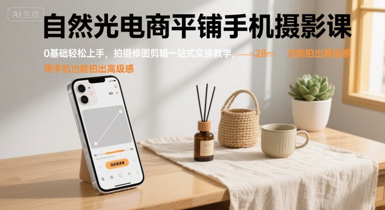 自然光电商平铺手机摄影课，0基础轻松上手，拍摄修图剪辑一站式实操教学，用手机也能拍出高级感-幽忧帮