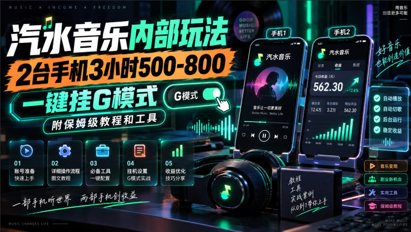 汽水音乐内部玩法,2台手机3小时500-800,一键挂G模式,附保姆级教程和工具【揭秘】-幽忧帮