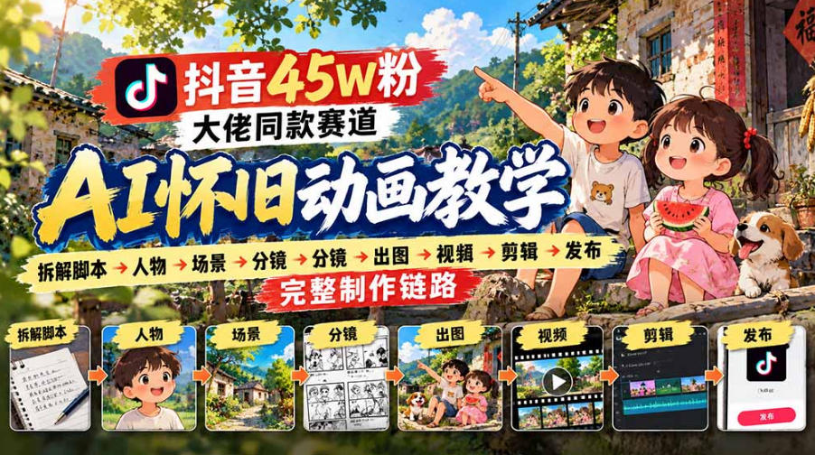 抖音45W粉大佬同款赛道AI怀旧动画实战课：拆解脚本→人物→场景→分镜→出图→视频→剪辑→发布完整制作链路-幽忧帮