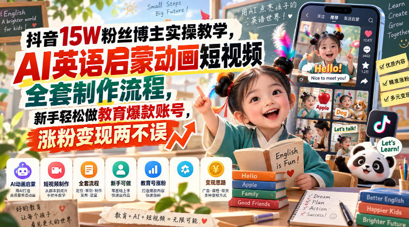 抖音15W粉丝博主实操教学,AI英语启蒙动画短视频全套制作流程,新手轻松做教育爆款账号,涨粉变现两不误-幽忧帮