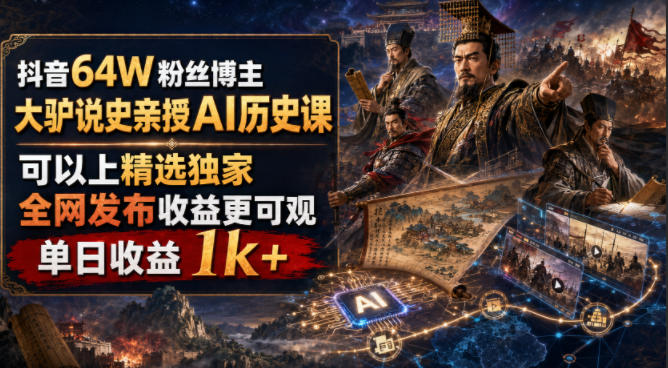 抖音64W粉丝博主大驴说史亲授AI历史课,可以上精选独家,全网发布收益更可观,单日收益1k+(更新)-幽忧帮