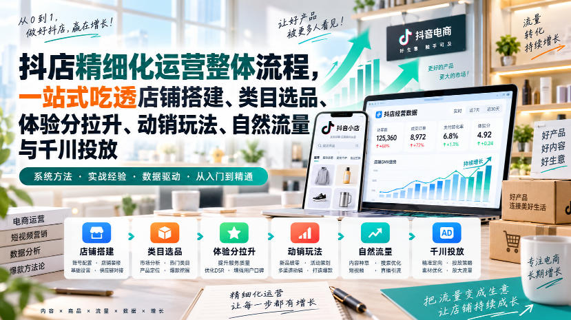 李哥电商-抖店精细化运营整体流程,一站式吃透店铺搭建、类目选品、体验分拉升、动销玩法、自然流量与千川投放-幽忧帮
