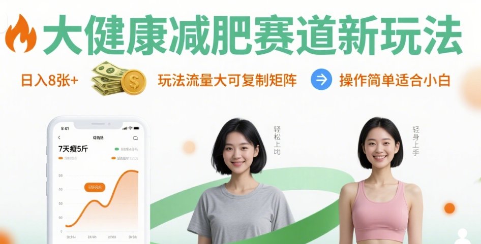 大健康减肥赛道新玩法日入8张，玩法流量大可复制矩阵，操作简单适合小白-幽忧帮